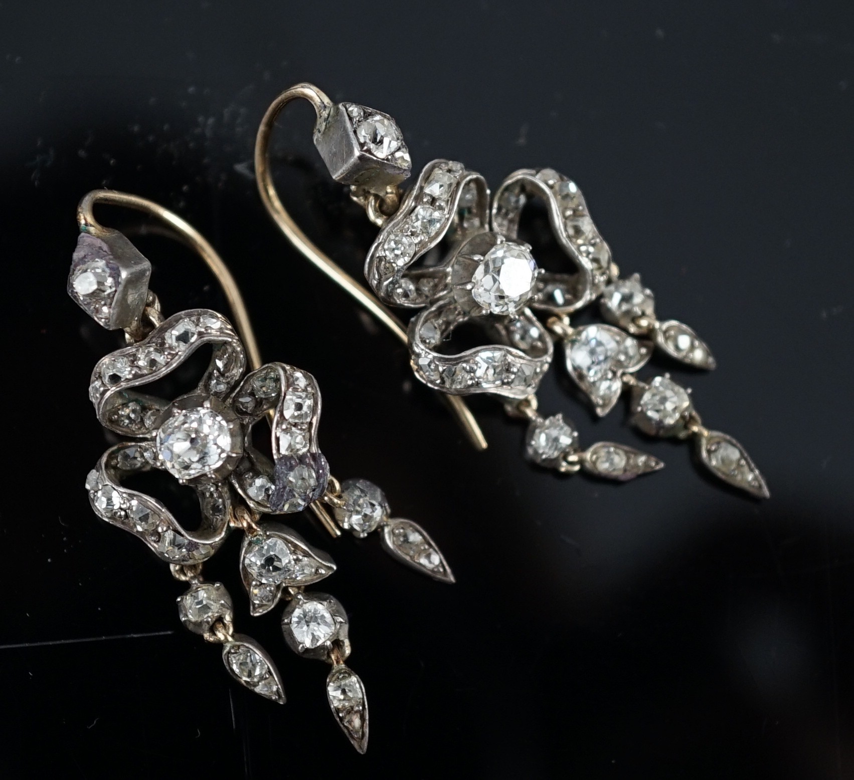 A pair of 19th century gold, silver and old cut diamond set drop earrings